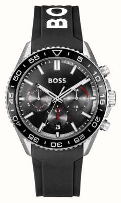 BOSS Мужские часы-бегун (43 мм), черный циферблат с хронографом и черный силиконовый ремешок 1514141
