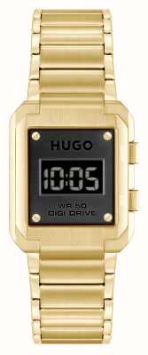 HUGO Мужской #thrive (30 мм) с черным цифровым циферблатом и золотистым браслетом из нержавеющей стали 1530359