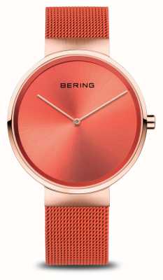 Bering Классический (39 мм) оранжевый циферблат/оранжевый браслет из стальной сетки 14539-565