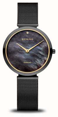 Bering Женский классический (32 мм) черный перламутровый циферблат/черный браслет из стальной сетки 18132-132