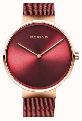 Bering | классический | полированное / матовое розовое золото | красный сетчатый браслет | 14539-363