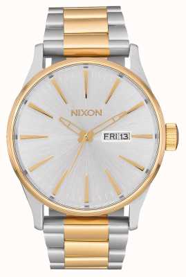 Nixon Sentry ss | серебро / золото | двухцветный стальной браслет | серебряный циферблат A356-1921-00