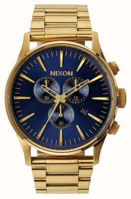 Nixon Часовой хроно | золото / синий солнечный луч | золотой стальной ремешок с ip-защитой | синий циферблат A386-1922-00