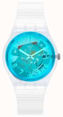 Swatch Ретро-бьянко | белый силиконовый ремешок | синий прозрачный циферблат GW215