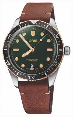 ORIS Автоматические часы Divers Sixty Five (40 мм) с зеленым циферблатом и коричневым кожаным ремешком 01 733 7707 4357-07 5 20 45