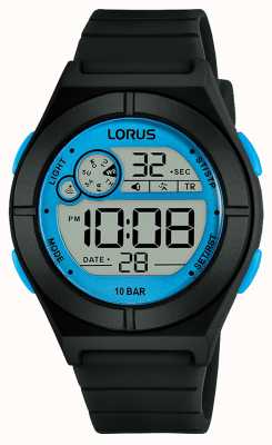 Lorus Детское цифровое многофункциональное устройство, синий цифровой циферблат, 100 м (36 мм), черный силикон R2361NX9