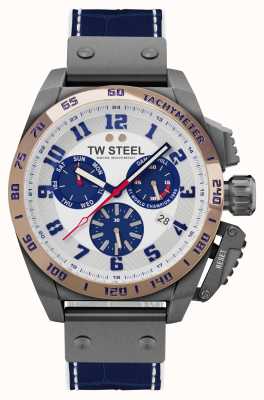 TW Steel Хронограф Damon Hill, ограниченная серия (46 мм), белый атласный циферблат, темно-синий кожаный ремешок TW1018