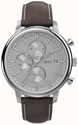 Timex Часы Chicago chrono, корпус 45 мм, серебристый корпус, белый циферблат, коричневый кожаный ремешок TW2U38800