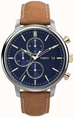 Timex Часы Chicago chrono 45 мм, серебристый корпус, синий циферблат, коричневый кожаный ремешок TW2U39000