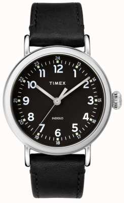 Timex Стандартный серебристый корпус диаметром 40 мм, черный циферблат, черный кожаный ремешок TW2T20200