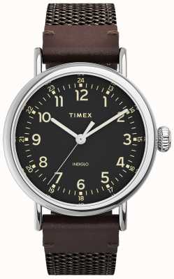 Timex Стандартный серебристый корпус диаметром 40 мм, черный циферблат, коричневый тканевый кожаный ремешок TW2U89600