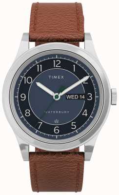 Timex Уотербери, традиционный день, дата, 39 мм, синий циферблат из нержавеющей стали, кармельный ремешок TW2U90400