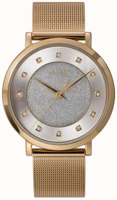 Timex Женское небесное великолепие: корпус диаметром 38 мм, серебристый циферблат с блестками, метки из кристаллов и браслет из золотистой сетки TW2U67100