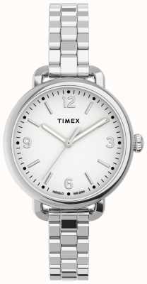 Timex Женский стандартный полукруглый корпус диаметром 30 мм, серебристый корпус, белый циферблат, серебристый браслет TW2U60300