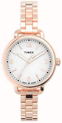 Timex Женский стандартный полупрозрачный корпус диаметром 30 мм из розового золота с белым циферблатом и браслетом из розового золота TW2U60700