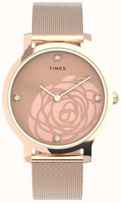 Timex Корпус цвета розового золота и сетчатый браслет Wms transcend с цветочным вырезом TW2U98100