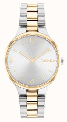 Calvin Klein Двухцветные золотые и серебряные часы, серебряный циферблат с солнечными лучами 25200132