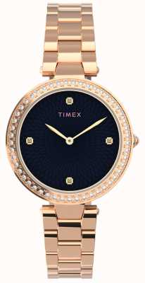 Timex женщины | украсить кристаллами черный циферблат | браслет из розового золота TW2V24600