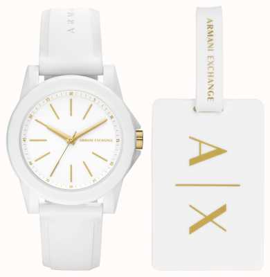 Armani Exchange женские | часы и багажная бирка подарочный набор | белый силиконовый ремешок AX7126