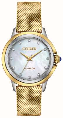 Citizen Женский эко-драйв с бриллиантовым циферблатом, золотая сетка с пвд EM0794-54D